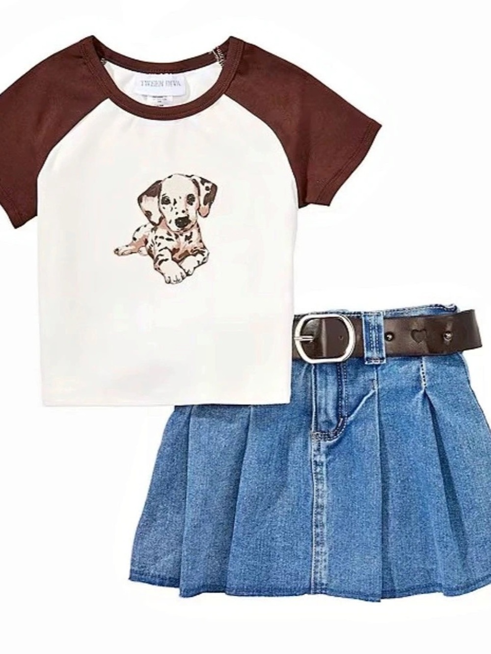 Tween Diva Big Girls Color Block Raglan Sleeve Dalmatian T-Shirt & Belted Denim